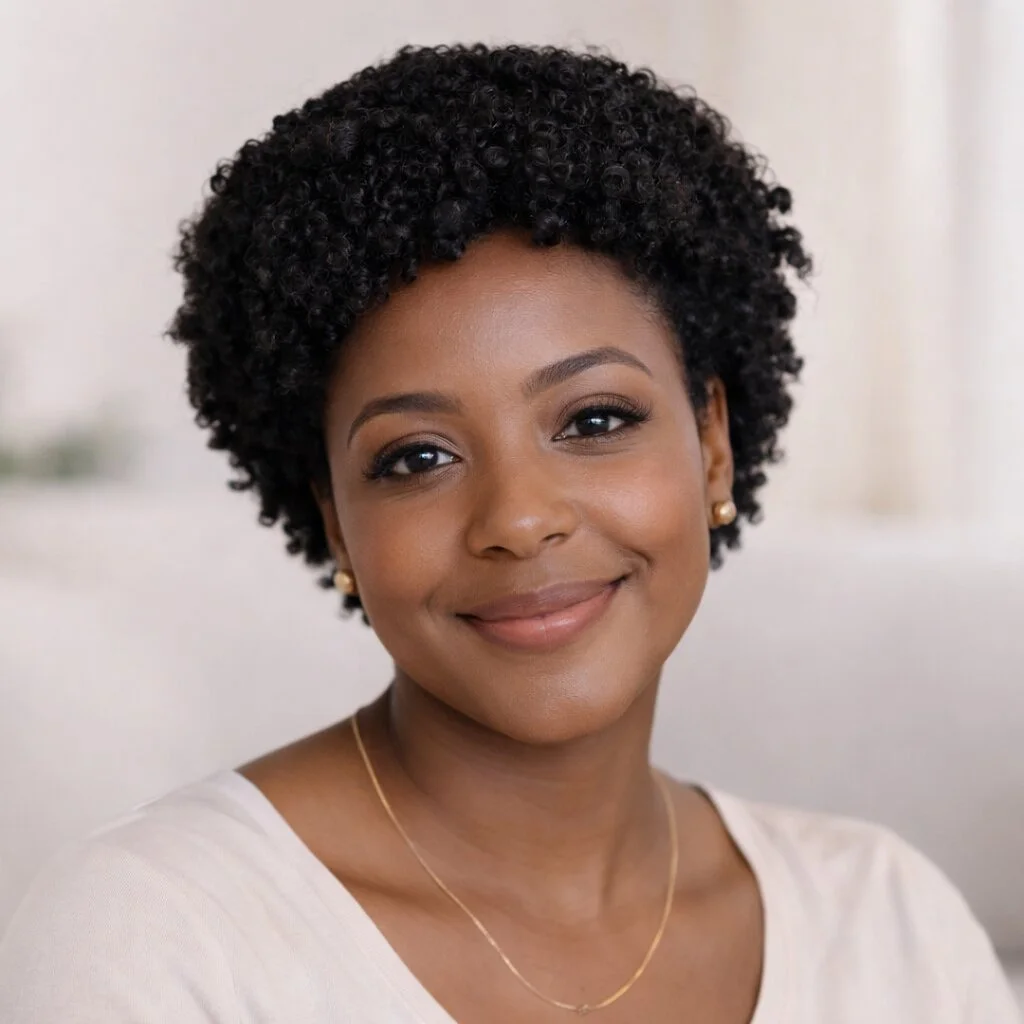 Close-up portrait of a smiling African American woman with short, curly black hair, wearing pearl earrings and a gold necklace, against a blurred neutral background.