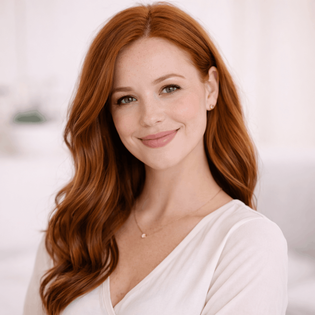 A woman with long red hair and light skin, smiling with a white background.
