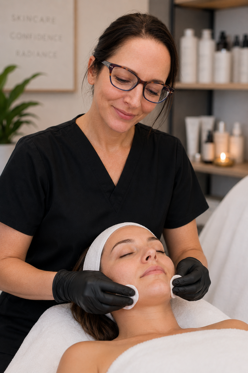 Skincare professional in black scrubs cleaning a woman's face with cotton pads in a spa or clinic setting.