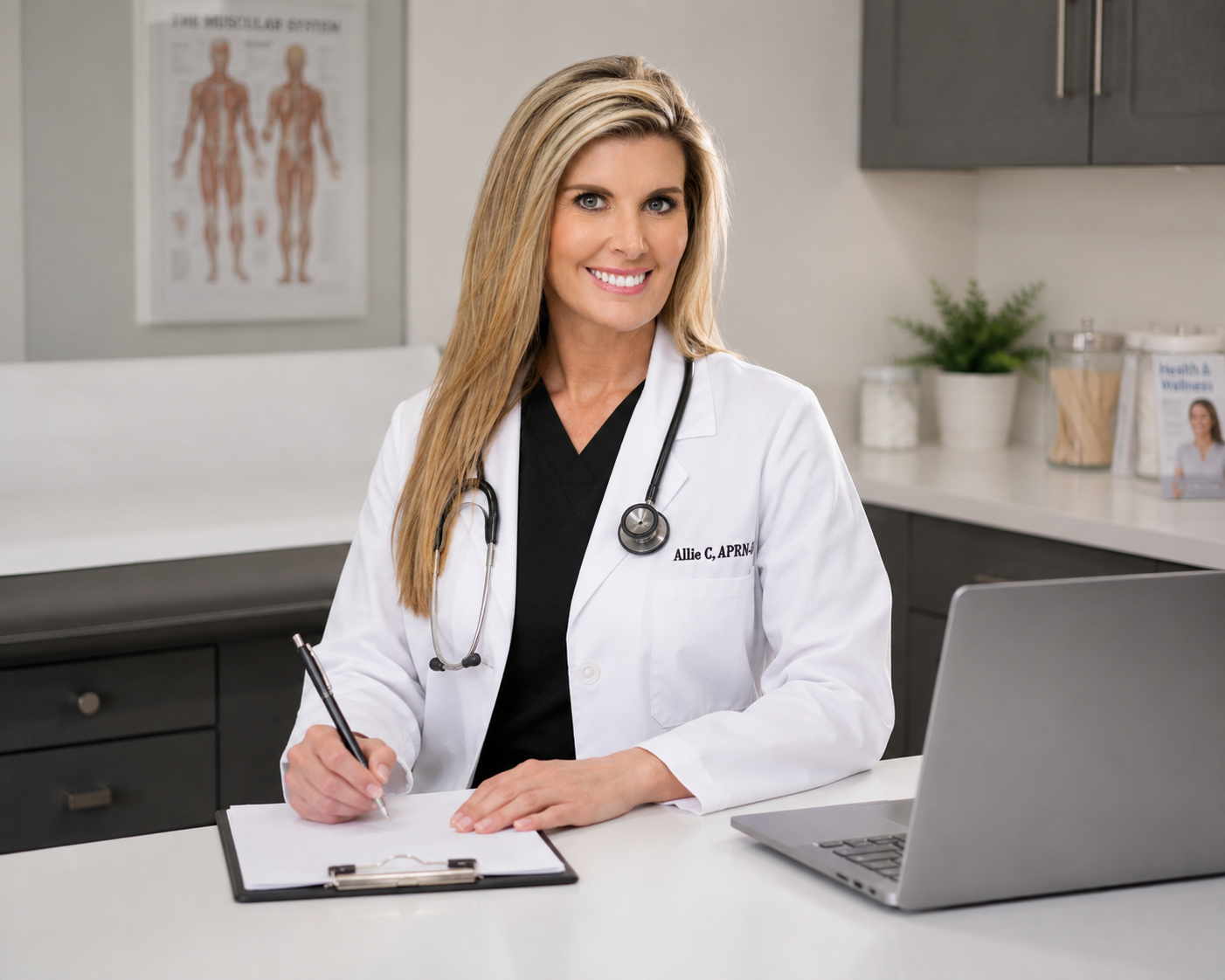 A female doctor with blonde hair and a stethoscope around her neck, sitting at a desk with a clipboard and pen, smiling at the camera in a medical office.
