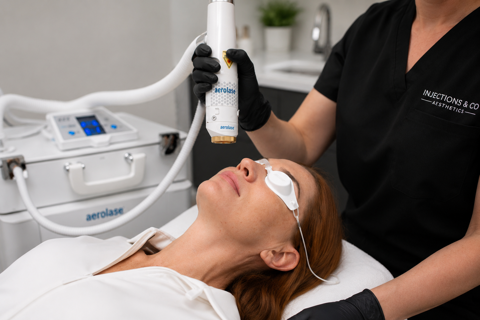 A woman with red hair lying on a treatment bed with eye protection, receiving a facial treatment with a device labeled 'aerolase' from a skincare professional wearing black scrubs and black gloves in a modern clinic environment.