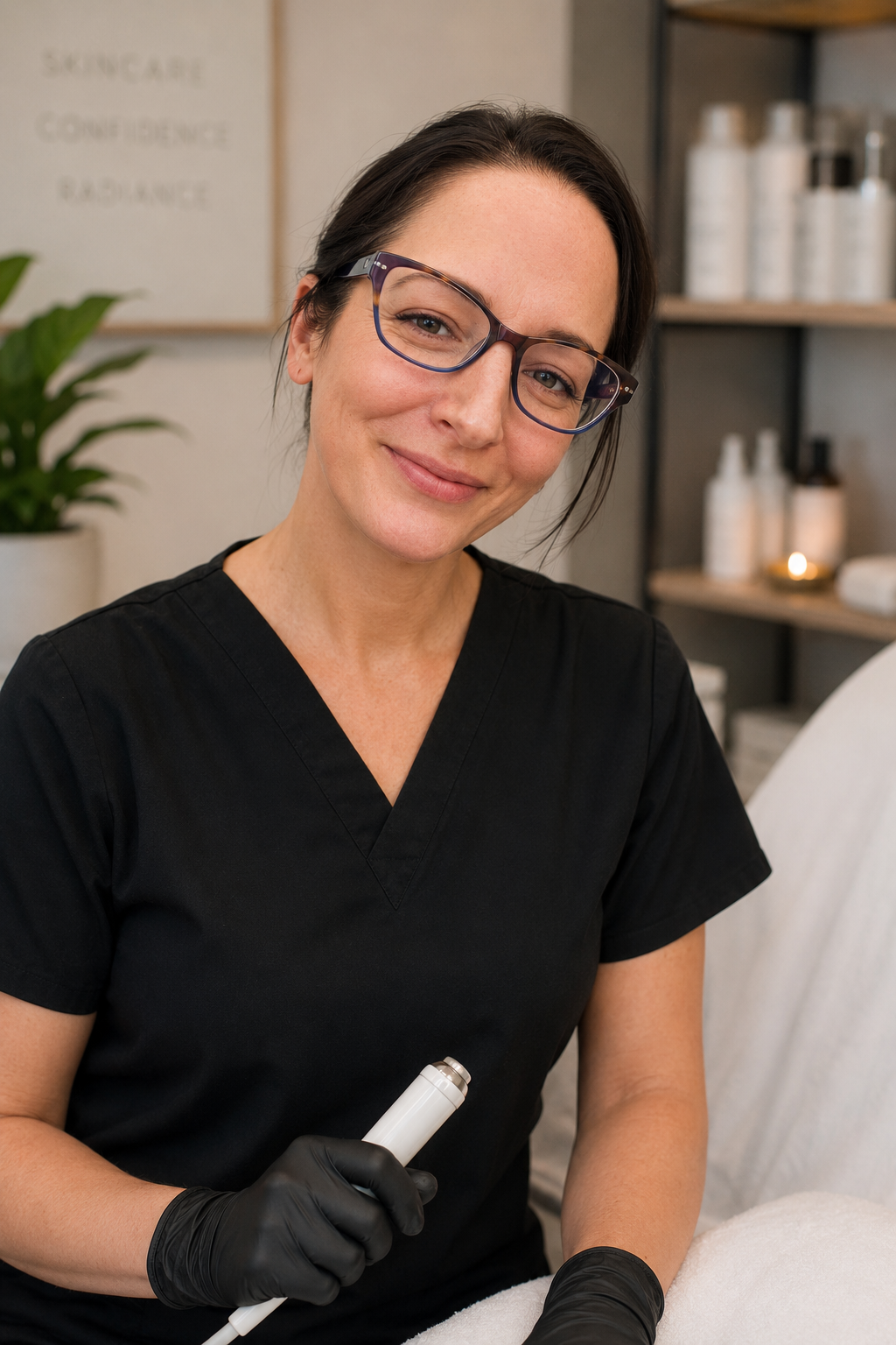 A smiling woman in black scrubs and glasses holding a skincare tool, sitting in a spa or skincare clinic with skincare products on shelves behind her.