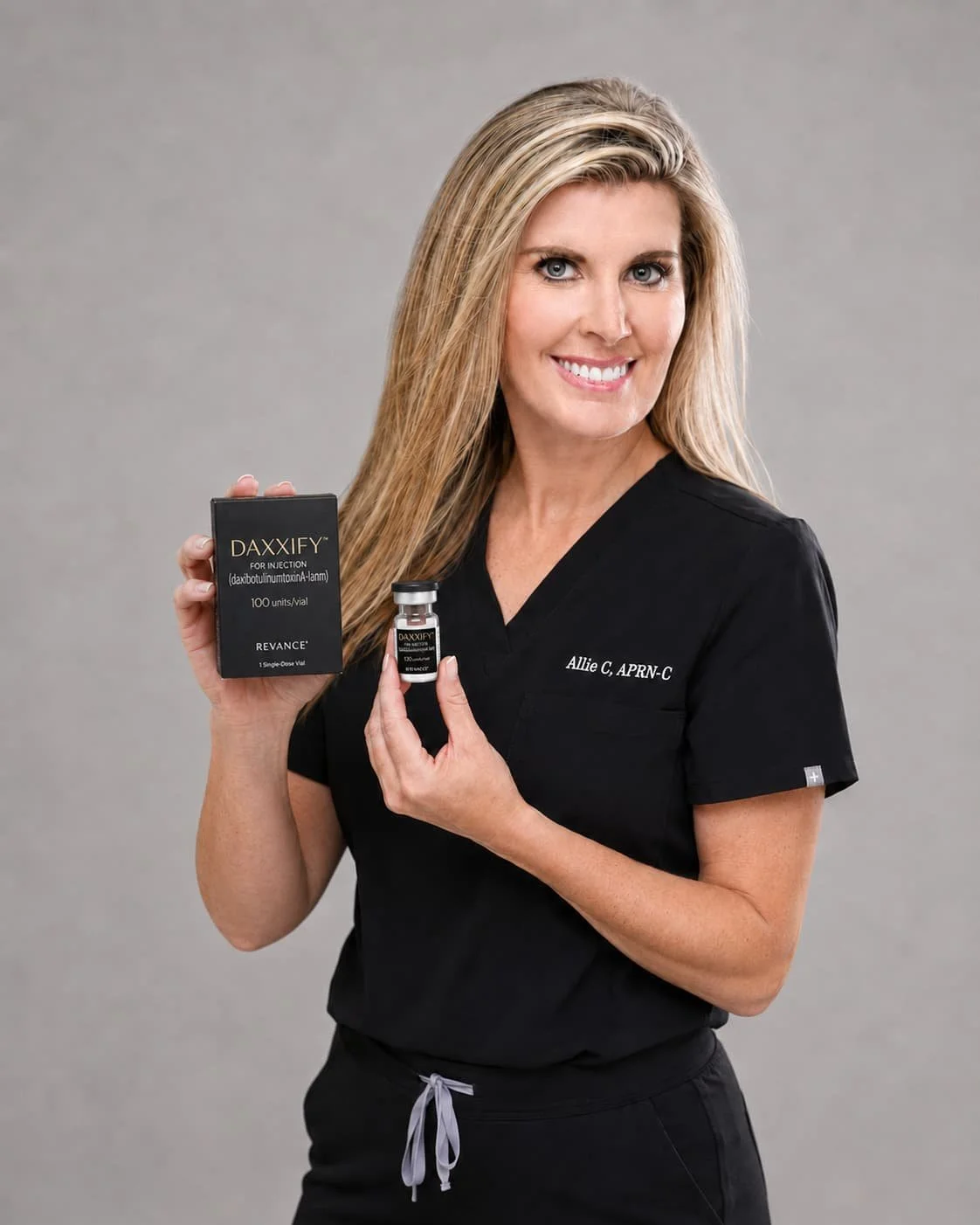 Alison Chafin, APRN-C holding Daxxify at Injections & Co. in Sarasota, FL