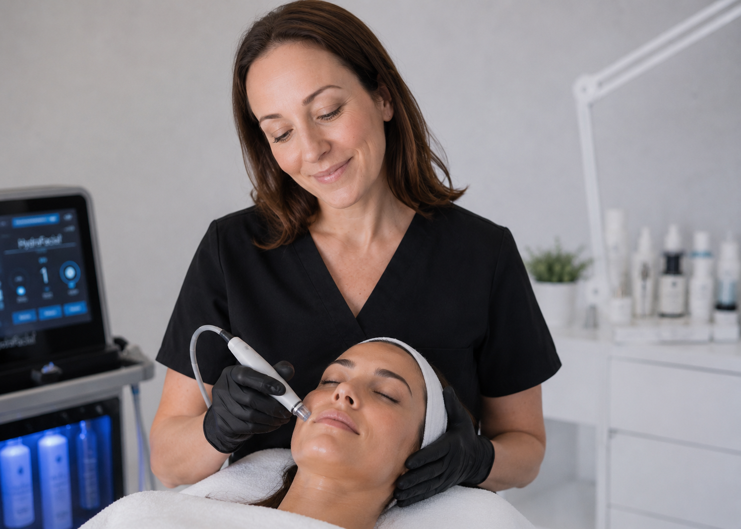 A woman receiving a facial treatment from a professional aesthetician in a skincare clinic with multiple skincare products in the background.