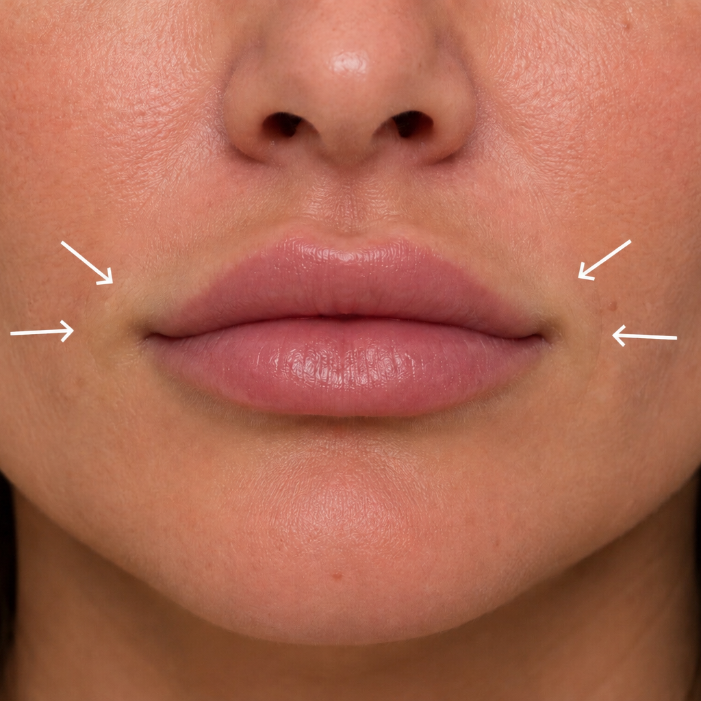 Close-up of a person's face showing lips, nose, and surrounding skin with dotted markings around the cheeks.
