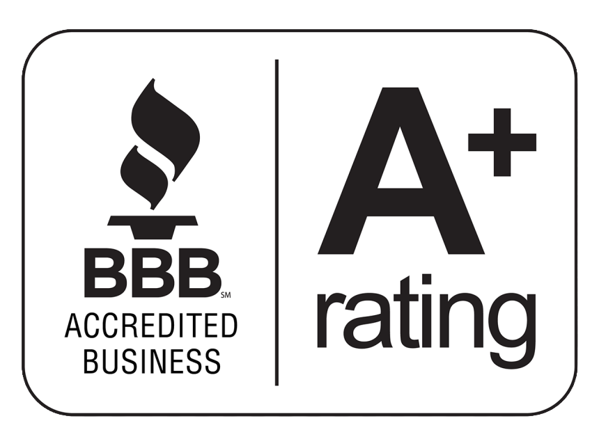 BBB accredited business logo next to an A+ rating icon with the word rating