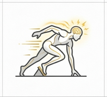 Stylized illustration of a person in a ready-to-sprint position, symbolizing the mental and physical focus needed for peak executive function. Synonymous with the 'Execution' phase of The ASCENT Method