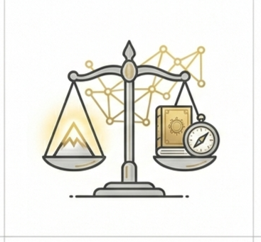 A balance scale weighing a mountain against a book and compass, illustrating my work as an Evidence-Based Strategist who bridges the gap between academic knowledge and real-world performance.
