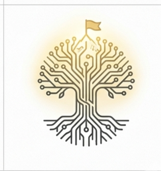 A stylized tree with circuit board roots and branches topped with a flag, symbolizing the integration of technology and sustainable growth in The ASCENT Method's 'Thrive' phase.