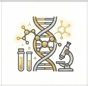 An illustration of DNA, test tubes, and a microscope, highlighting my academic and professional background in Biochemistry, which informs my science-backed coaching approach.