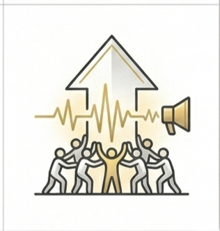 An illustration of people united in a circle with an upward arrow, heart rate line, and megaphone, symbolizing my professional commitment to lived experience, community advocacy, and the promotion of mental well-being within the ASCENT Method.
