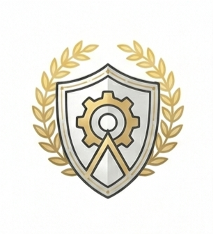 A shield emblem featuring a gear and compass, representing my role as a Strategic ADHD Performance Coach focused on precision, navigation, and structured growth.