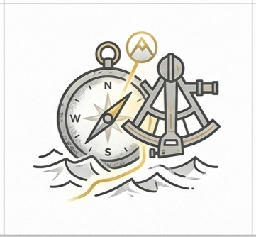 A nautical-themed illustration with a compass and ship's wheel, representing the 'Navigation' phase of The ASCENT Method. The framework to guide toward sustainable goals and systems.
