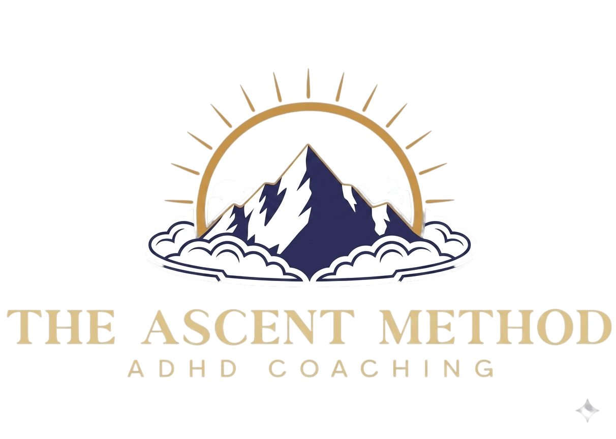 Logo featuring a stylized mountain with snow caps, a rising or setting sun behind it, clouds at the base of the mountain, and text reading "The Ascent Method Applied Coaching".