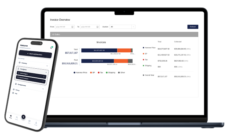 Laptop displaying an invoice overview dashboard with bar charts and totals, beside a smartphone showing a business management app menu.