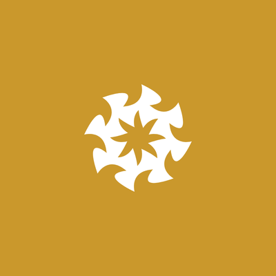White abstract swirling starburst logo on a mustard yellow background
