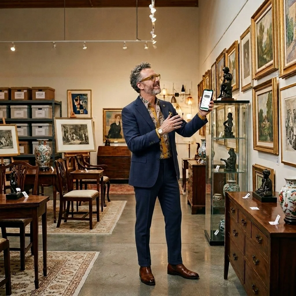 Man presenting artwork on a smartphone in an antique gallery filled with framed paintings, sculptures, furniture, and rugs