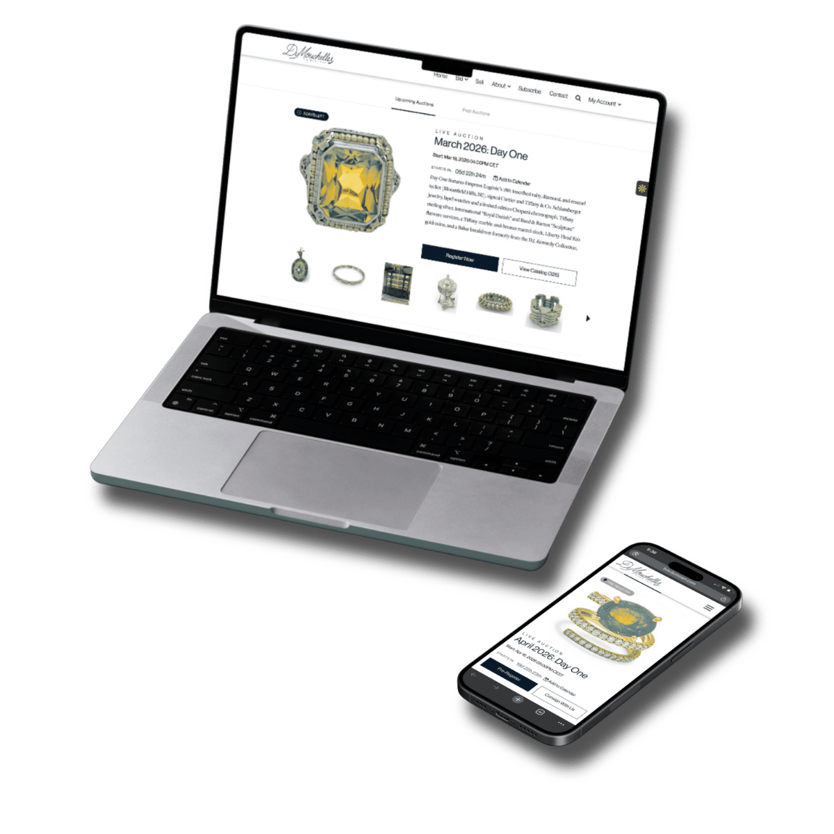 Laptop and smartphone displaying an online jewelry auction website with gemstone jewelry listings