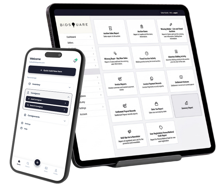 Tablet and smartphone displaying Bidsquare auction management dashboards and reporting tools