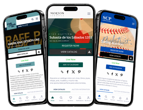 Three smartphones displaying online auction websites with event listings, registration buttons, and auction catalogs.