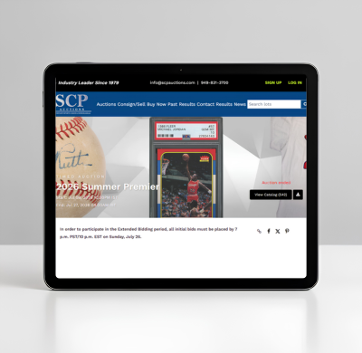 Tablet displaying an SCP Auctions 2026 Summer Premier auction webpage featuring baseball memorabilia.