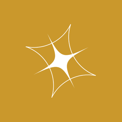 White four-pointed starburst logo on a mustard yellow background