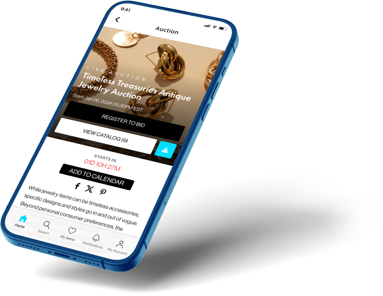 Angled smartphone displaying an online jewelry auction listing for “Timeless Treasures Antique Jewelry Auction.”