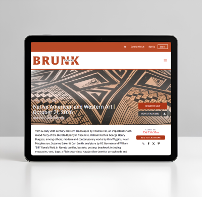 Tablet displaying a BRUUN art website featuring Native American and Western art exhibition artwork.