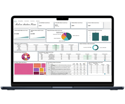 Laptop displaying a business analytics dashboard with sales metrics, charts, tables, and colorful data visualizations