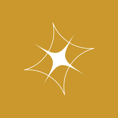 White four-pointed starburst logo on a mustard yellow background