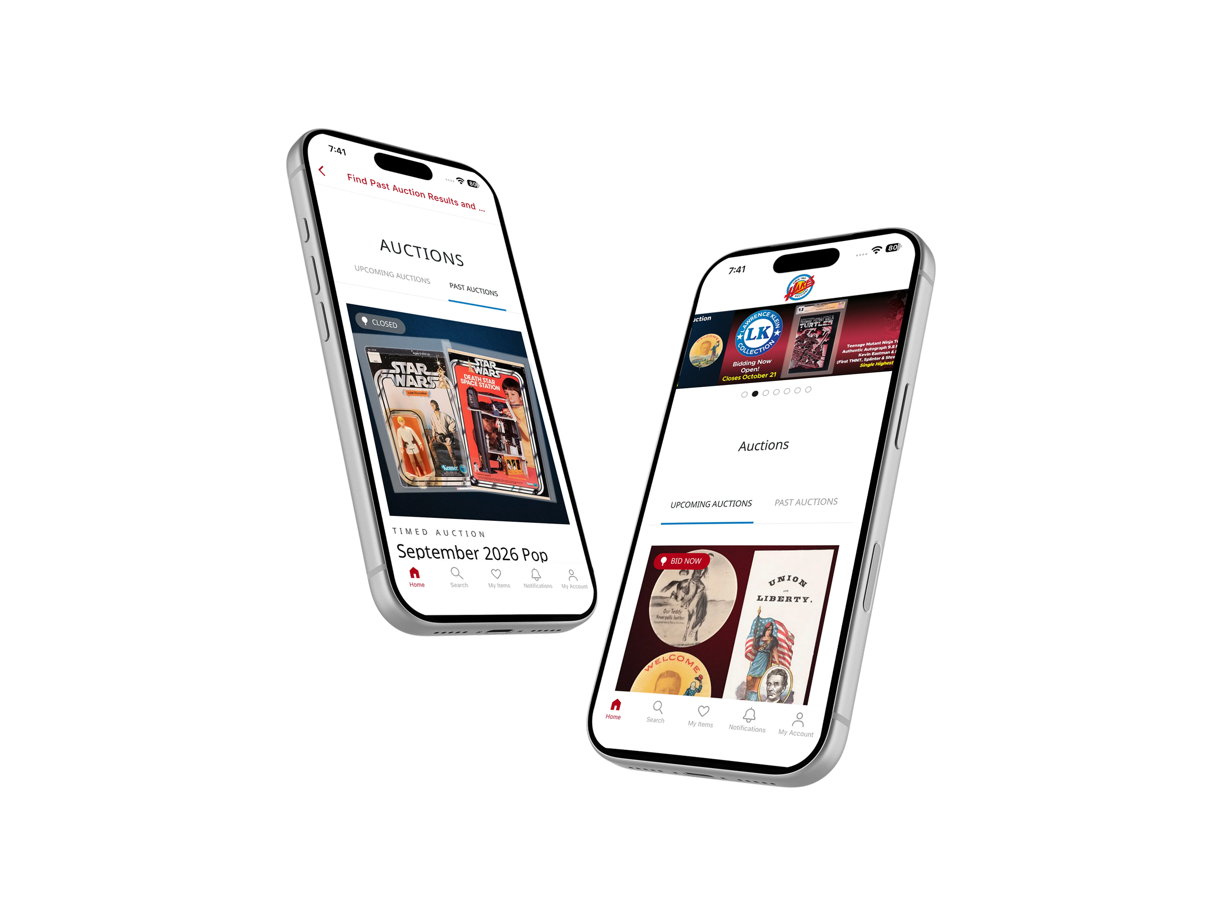Two smartphones displaying an auction app with collectible items, bidding listings, and past auction results.