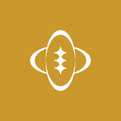 White abstract geometric logo resembling overlapping oval shapes with three sparkle accents on a mustard yellow background