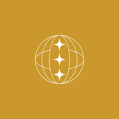 White globe outline with three star-shaped highlights on a mustard yellow background