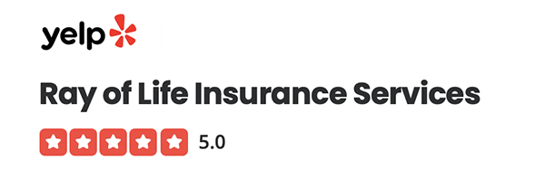 Yelp logo with 5-star rating and 5.0 reviews, advertising Ray of Life Insurance Services.