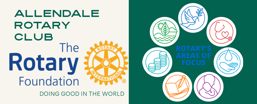Logo of Allendale Rotary Club and The Rotary Foundation with their slogan, and six icons representing Rotary's areas of focus: peace, disease prevention, water, maternal and child health, literacy, and economic development.