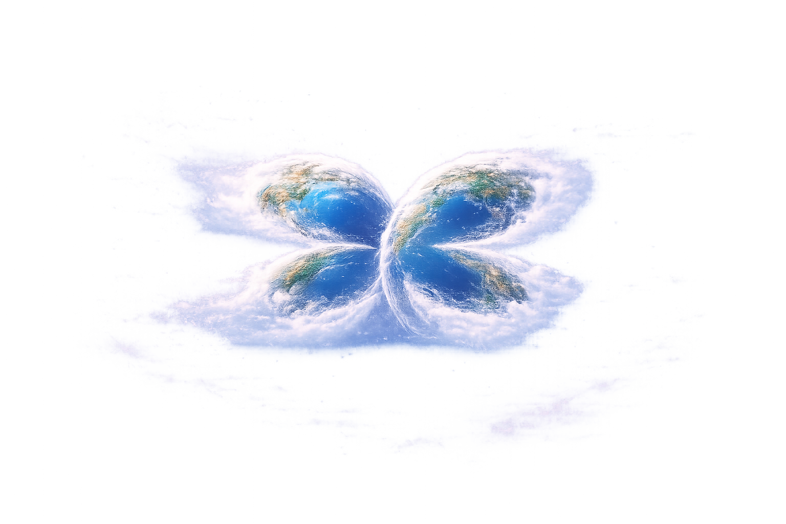 Digital artwork depicting a butterfly with wings made of Earths, clouds, and sky, set against a light, cloudy background.