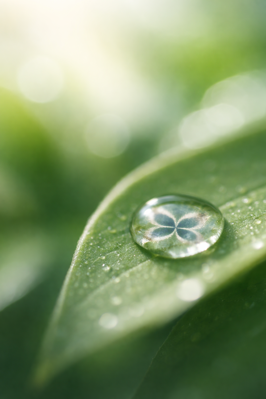 Close-up of a green leaf with a water droplet reflecting a flower pattern on its surface.