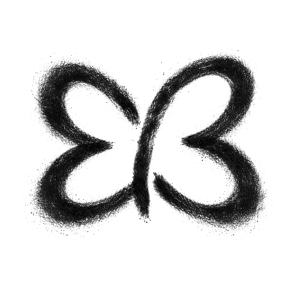 A butterfly shape drawn with black powder or dust on a white background.