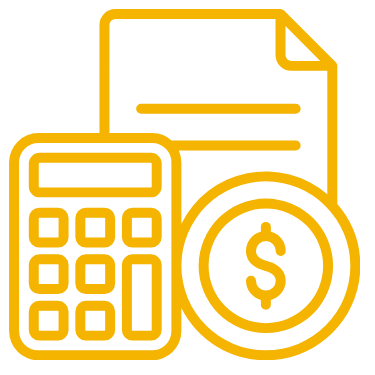 Golden icon of a calculator, a document, and a dollar coin