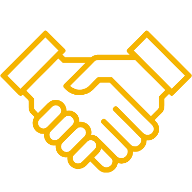 Outline of two hands shaking in yellow on a black background.
