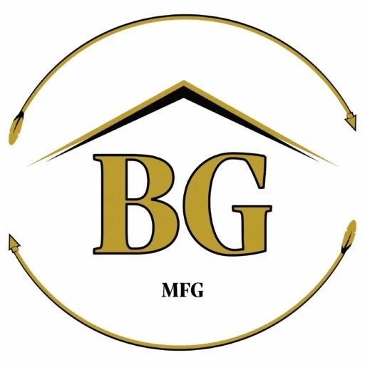 Logo with the letters "BG" in gold, "MFG" underneath, and a gold and black mountain peak above, encircled by a gold arrow.