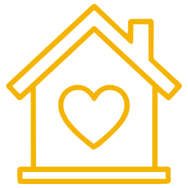 Outline of a house with a heart inside, depicted in yellow on a black background.