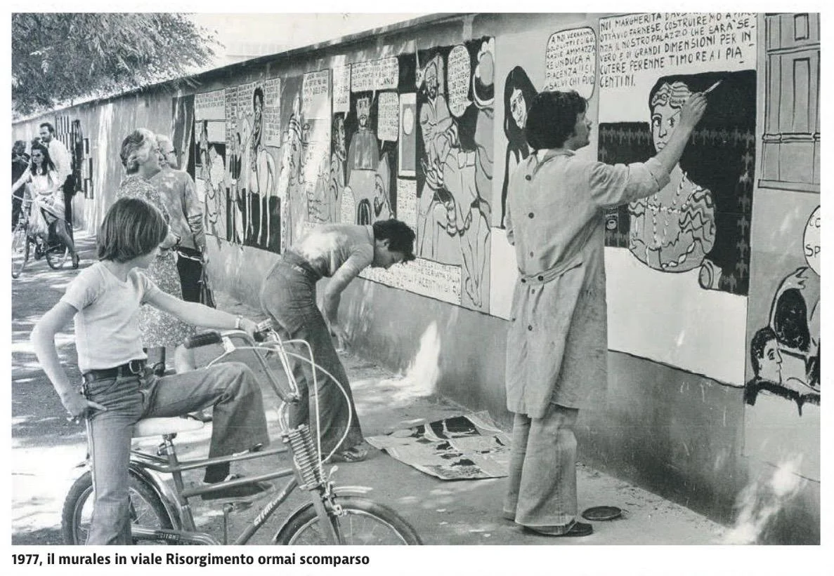 Francesco Ferrari painting the mural in Viale Risorgimento, Piacenza, 1977
