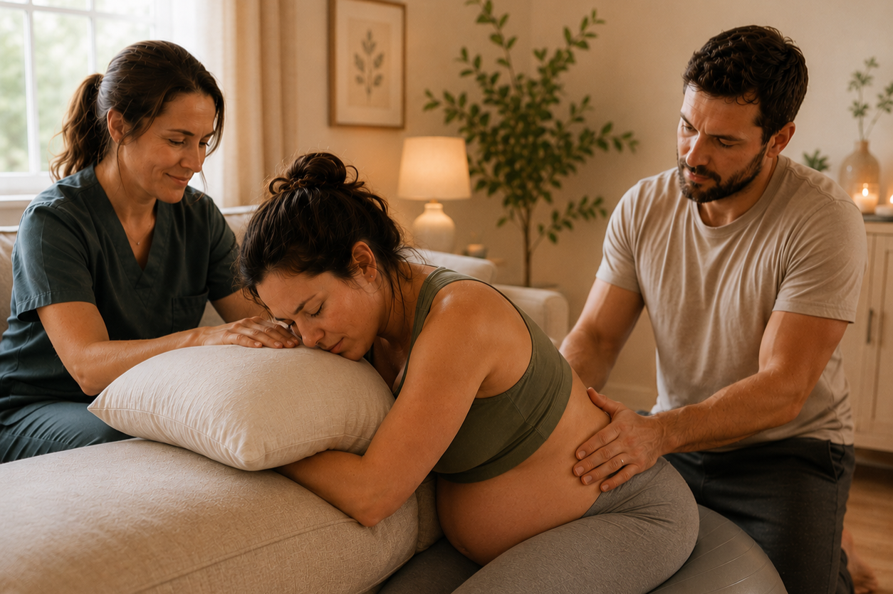 Birth doula supporting a laboring woman on a birth ball while her partner provides counter pressure during labor.