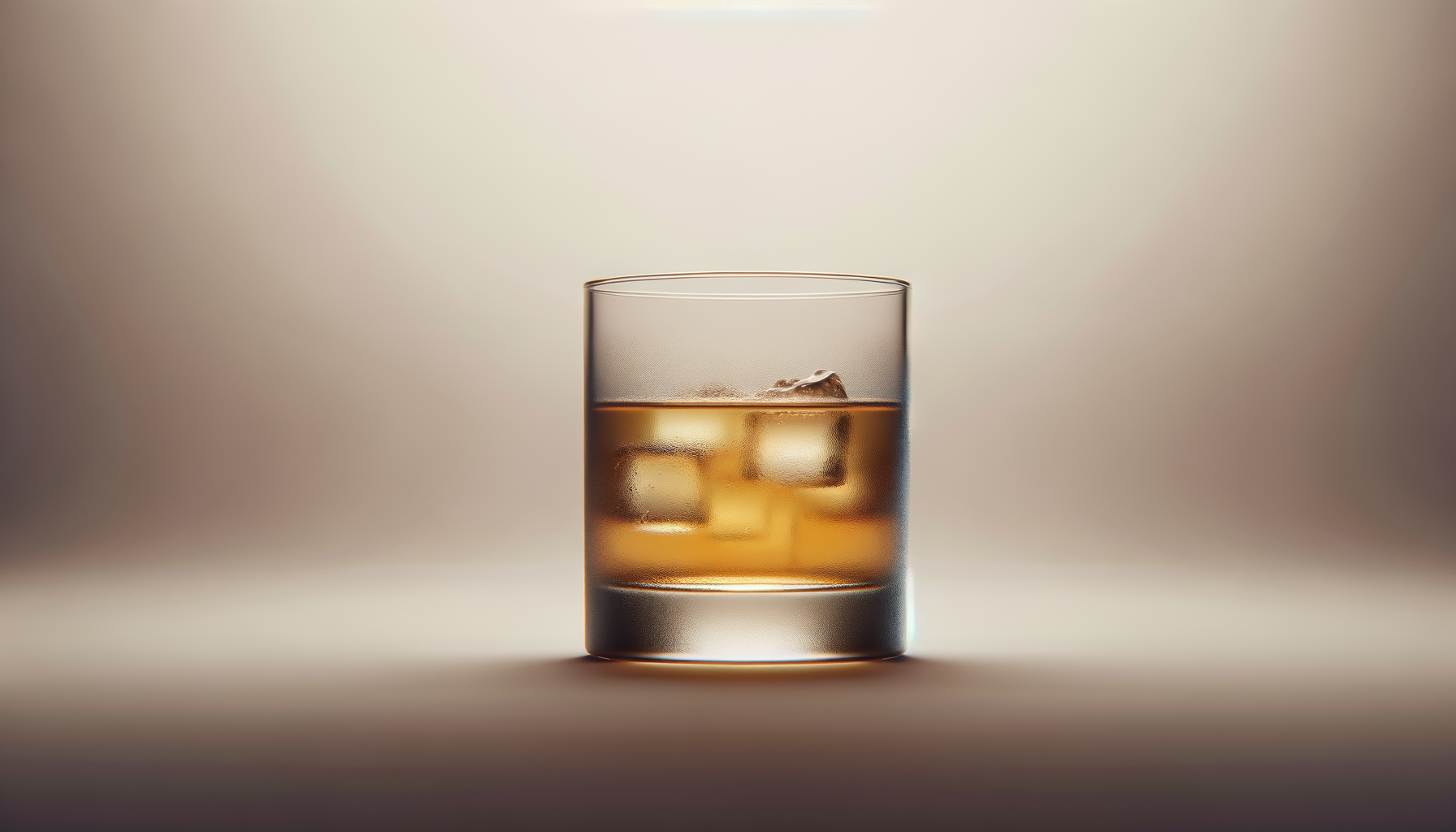 A glass of whiskey with ice cubes on a neutral background.