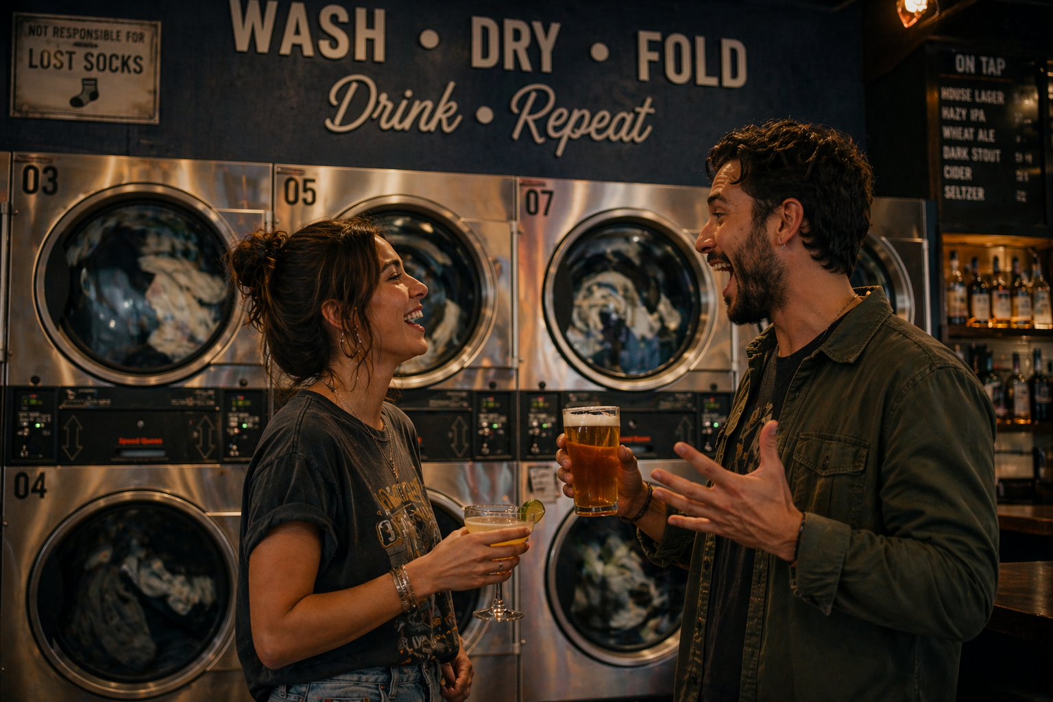 A man and woman laughing and talking in a laundromat. The woman holds a cocktail with lime and the man holds a glass of beer. Laundry machines and a menu board are in the background.