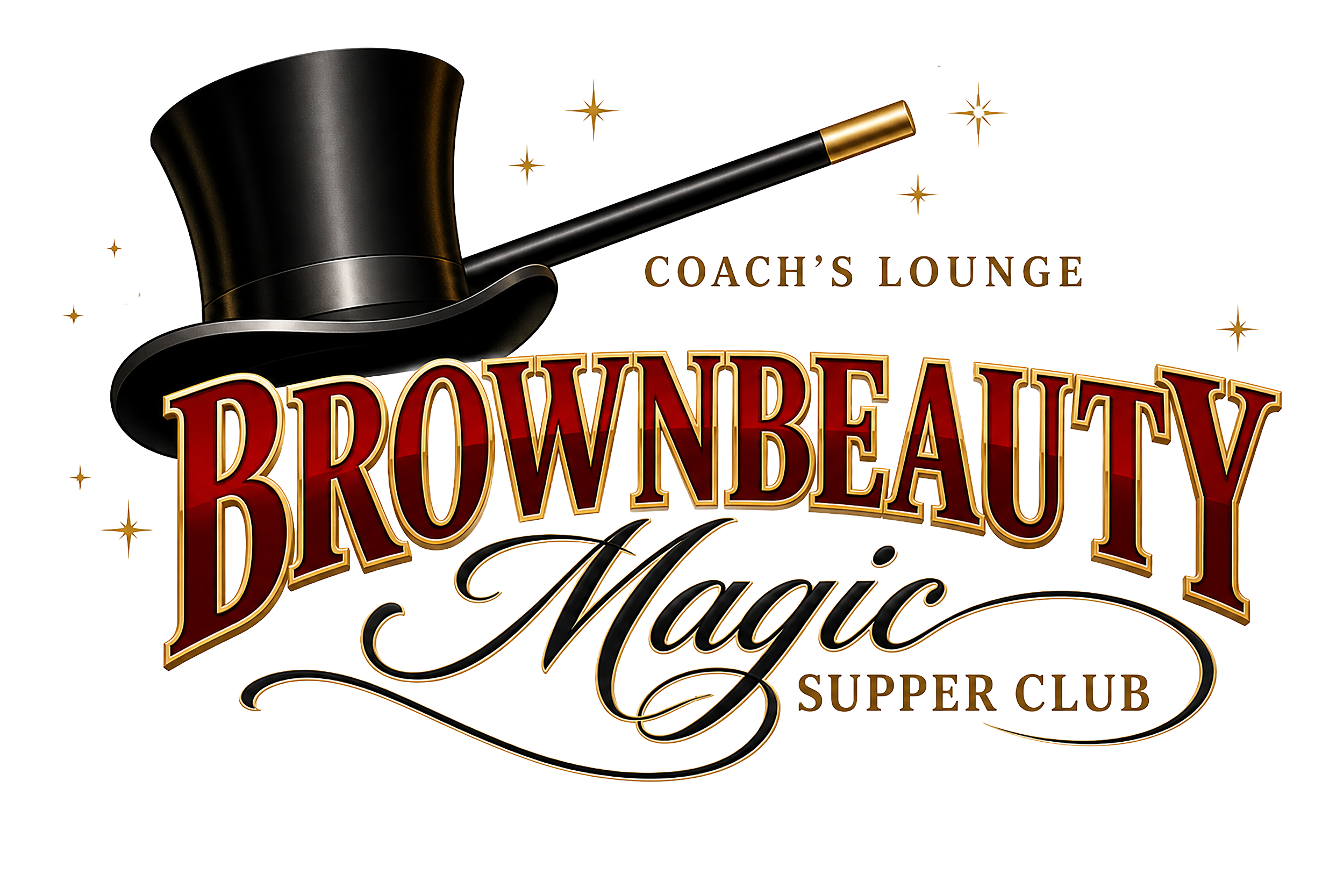 Logo for Coach's Lounge Brownbetty Magic Supper Club featuring a black judge's gavel with gold accents.
