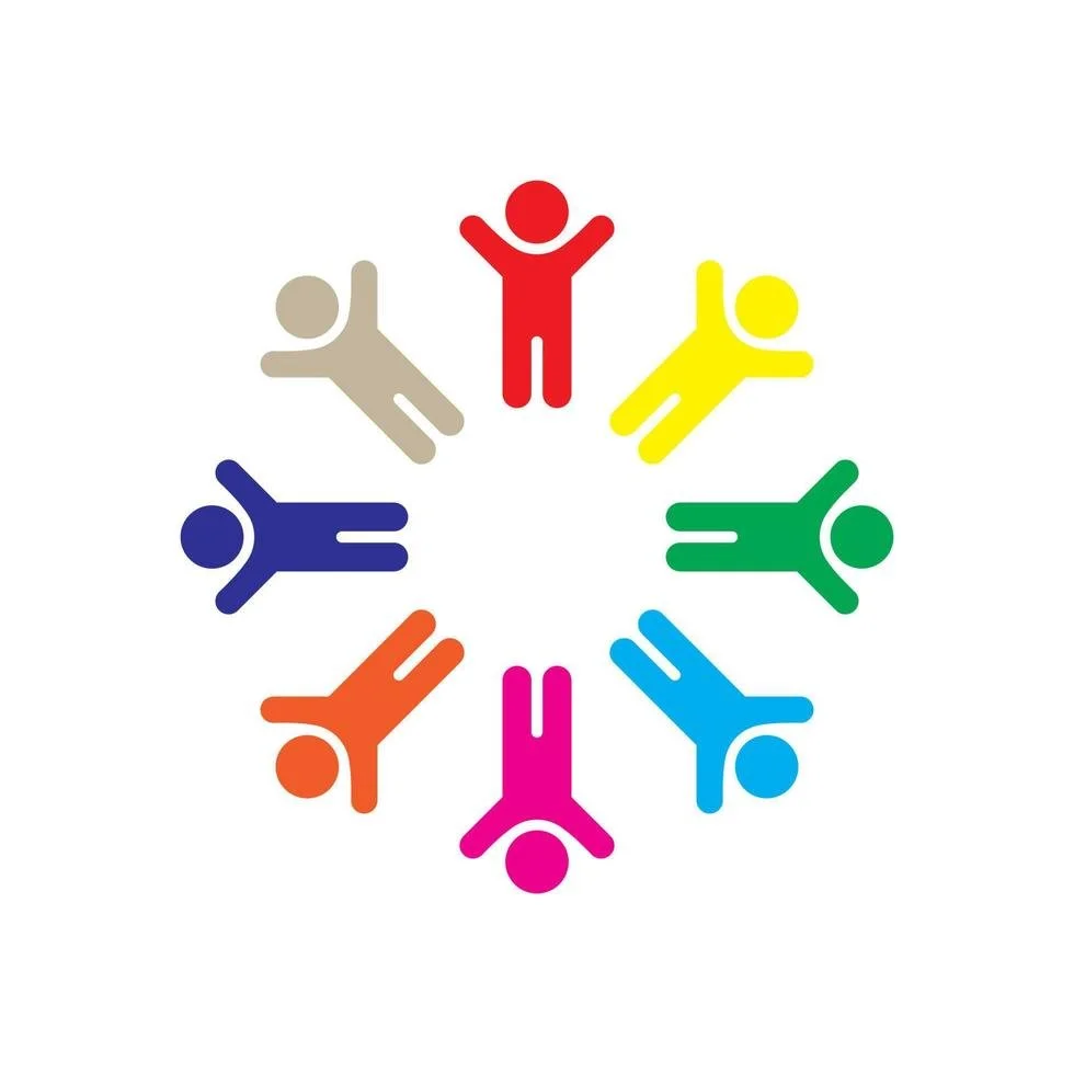 Colorful stylized human figures in a circle, each a different color, representing diversity and community.