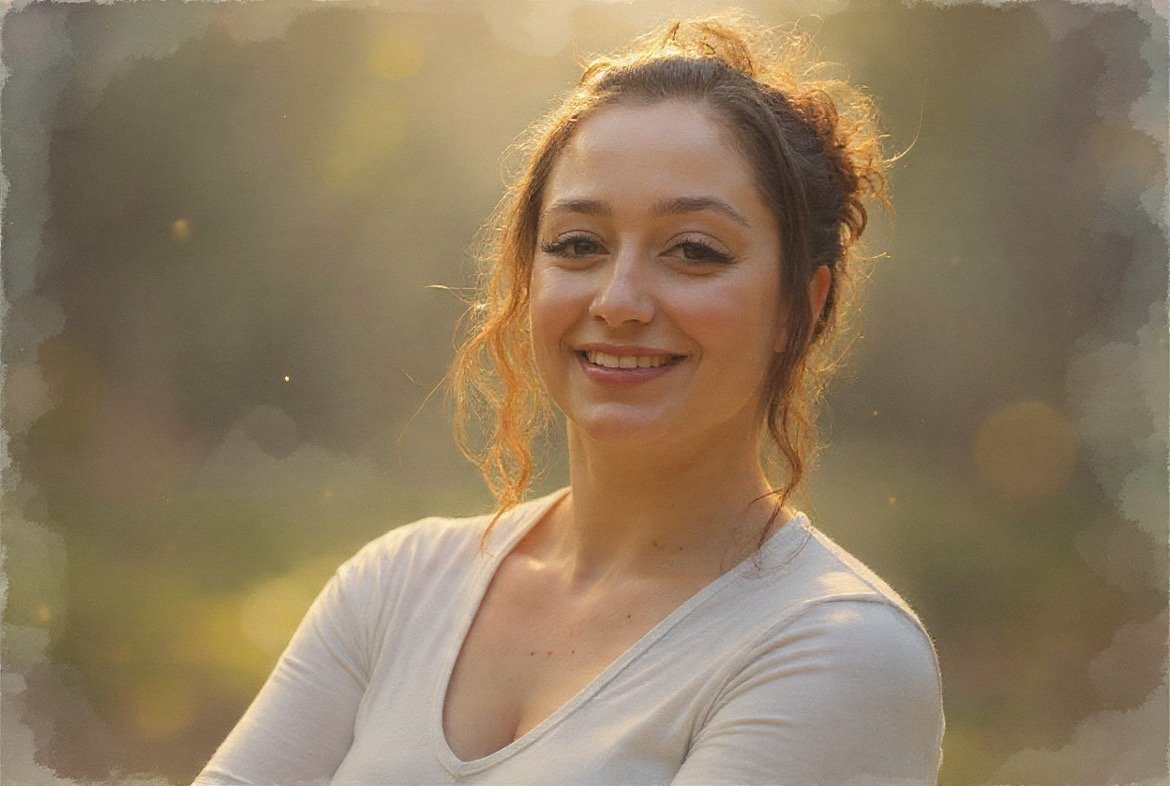 A smiling woman with curly brown hair tied back, wearing a light-colored top, outdoors during golden hour with a blurred natural background.