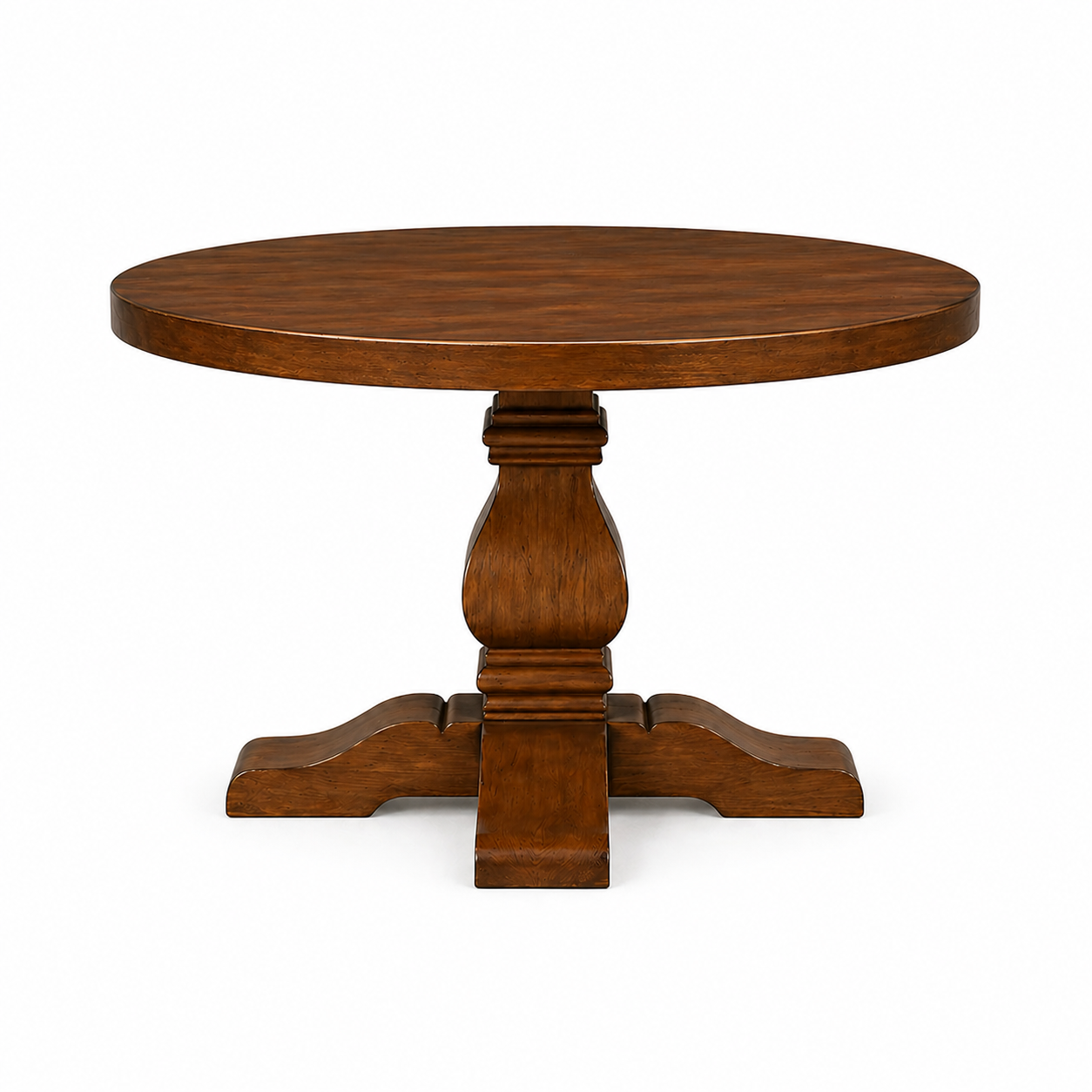 Wooden round dining table with pedestal base.